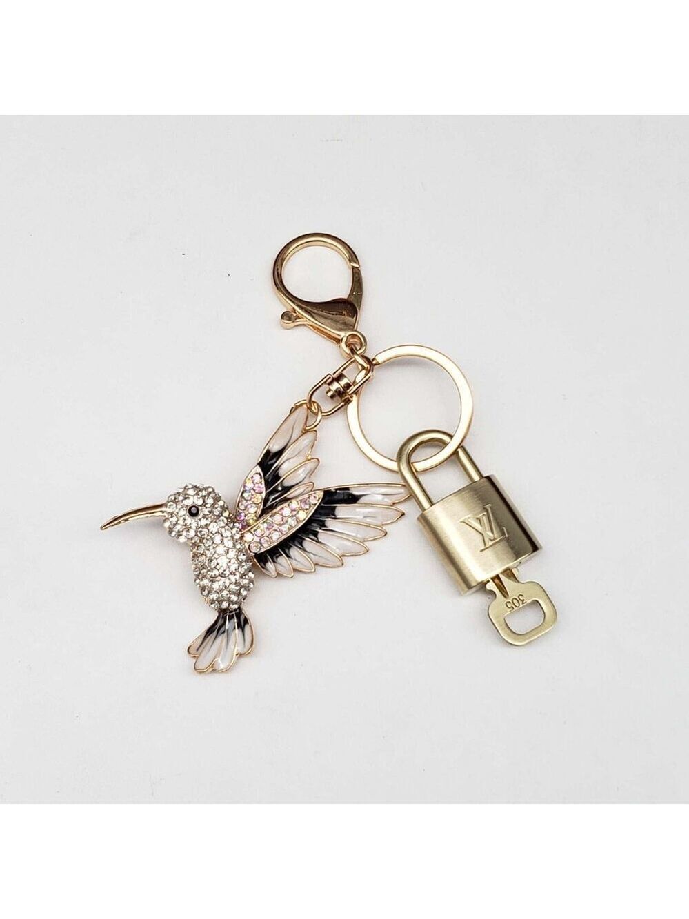 Authentic LV Gold Padlock & Key 🔑 Designer Bag Charm w/ Unbranded Bird Keychain
